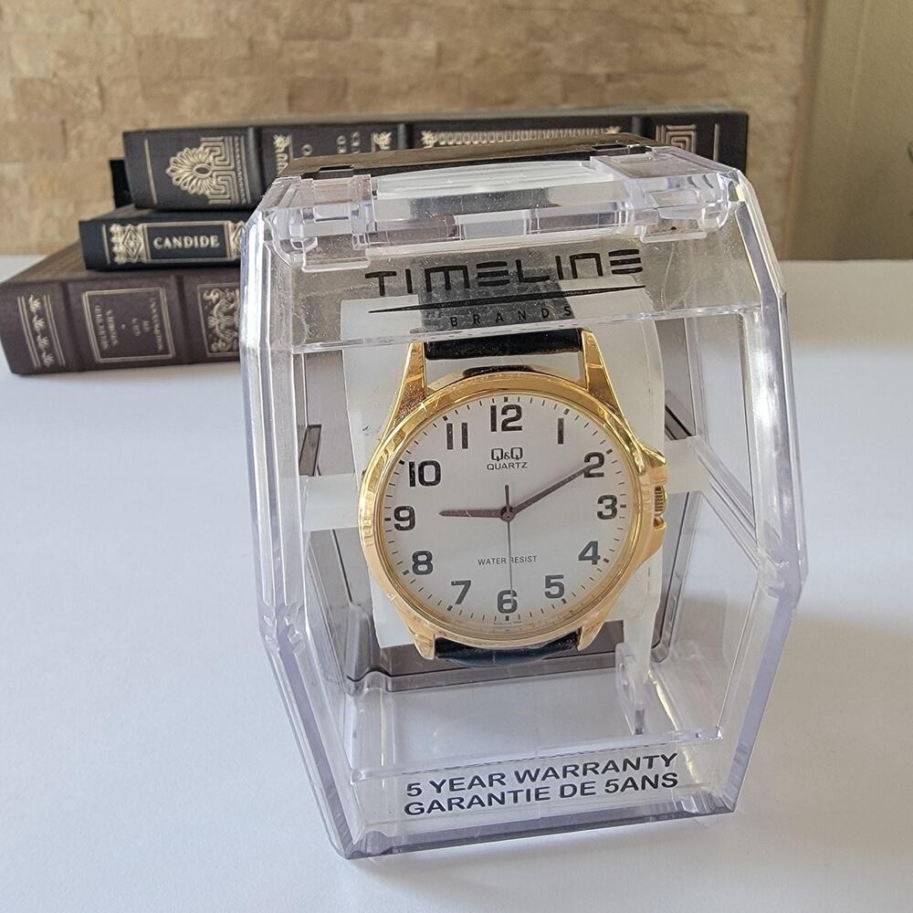 Q&Q Gold Tone Watch White Dial Black Strap Analog Quartz Men Timeline Box